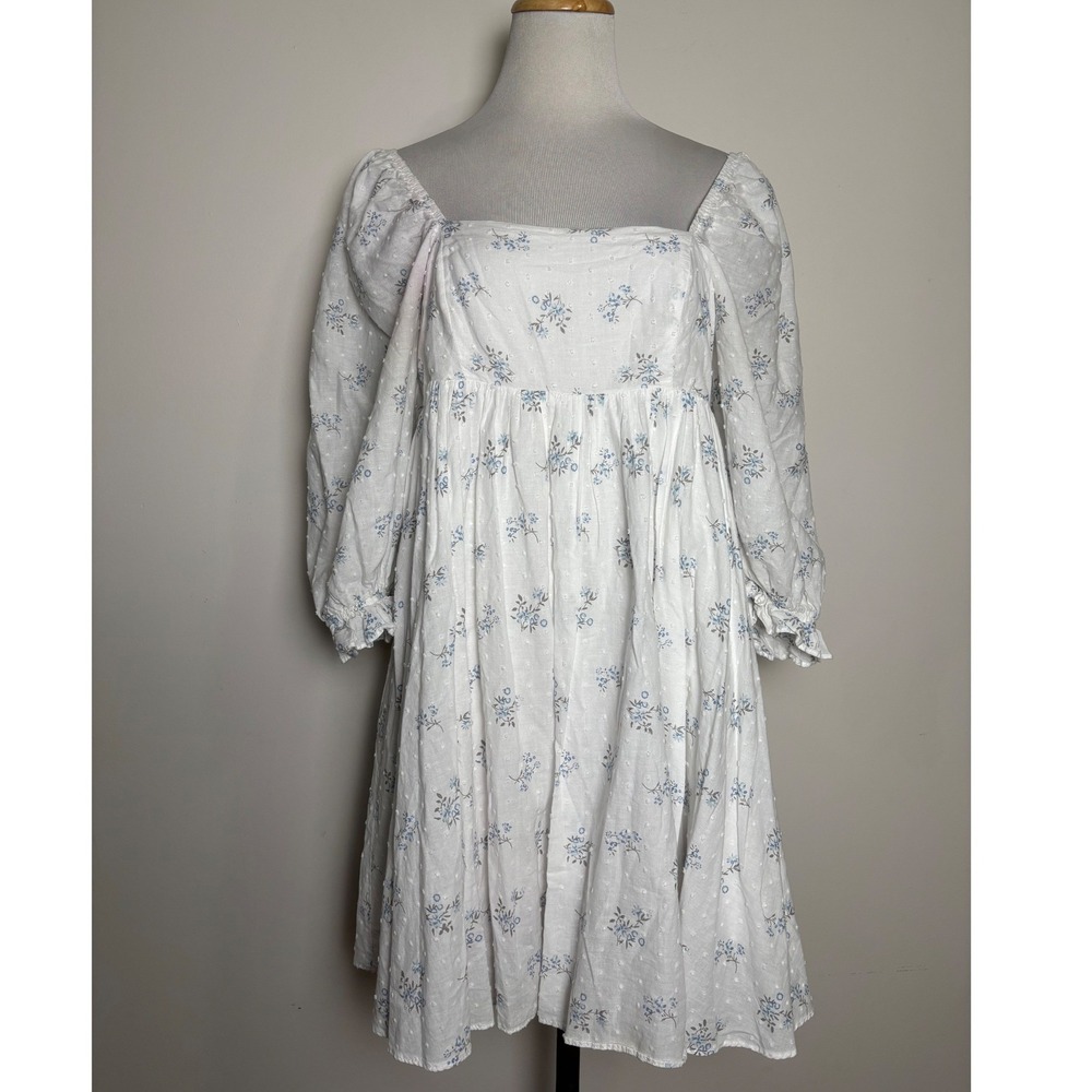 Storia Babydoll Puff Sleeve Mini Dress M Cottage Coquette Romantic Cotton Floral
